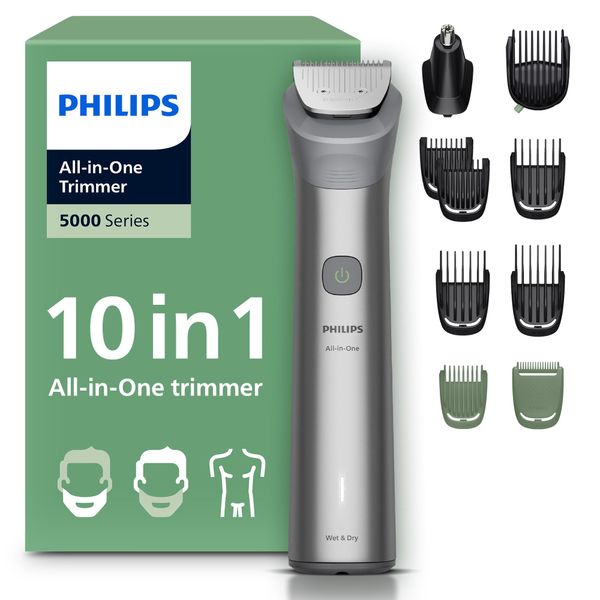 Philips Multigroom 5000 Series All-in-One 10-Piece Trimmer - Shaver and Clipper for Beard, Nose, Hair and Body, Self-Sharpening Full Metal Blades, 11 Length Settings (0.5-16 mm), Model MG5918/15