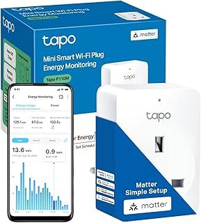 Tapo P110M Smart Plug, WiFi Plug, Energy Monitoring, Electricity Usage Monitor, MATTER Certified, App Remote Control, Voice Control, Alexa Plug, Works with Alexa & Google, Away Mode, Compact Design