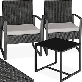 Comfortable 3 Piece Rattan Bistro Set, Durable Steel Frame, 2 Chairs and 1 Table with Glass Top, Easy Assembly, Bistro Chairs and Table for Garden, Patio, Balcony - light grey/black