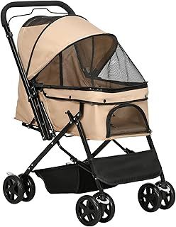 PawHut Dog Stroller, Pet Stroller, Foldable Dog Cat Travel Pushchair with Reversible Handle, EVA Wheels, Brake, Basket, Adjustable Canopy, Safety Leash, for Small Dogs, Light Brown