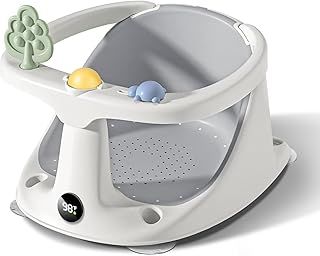EzyWay Baby Bath Seat with Thermostat for Babies 6 Months & Up, Non-Slip Toddler Bath Seat for Baby Sitting Up, Safe Baby Bath tub Seat with Suction Cups, Soft Cushion (Grey)