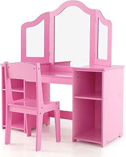 COSTWAY Kids Vanity Set, Children Dressing Table with Stool, Tri-Folding Detachable Mirror, Storage Shelves, Girls Makeup Tables for Playroom Bedroom