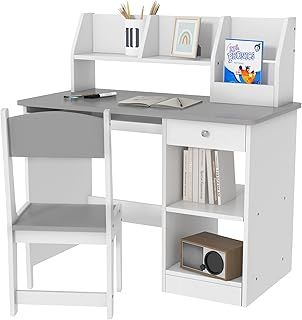 Kids Desk and Chair Set with Storage, for Ages 5-8 Years, 2 Piece Children Table and Chair Set with Keyboard Drawer, Grey