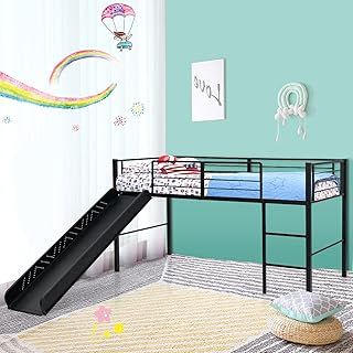 Kids Single Loft Bed, Children Mid Sleeper Bunk Bed with Slide, Ladder and Guardrails, Metal Bed Frame for Teens, Girls or Boys (Black)