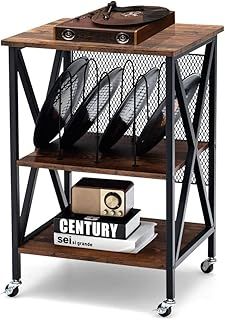 COSTWAY Record Player Stand, Rolling Turntable Stand End Sofa Side Table with Dividers, Shelf and Wheels, Albums Vinyl Record Storage Cabinet for Living Room Bedroom (without Charging Station, Brown)