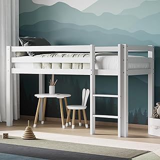 Kids Mid Sleeper Bed with Storage, Cabin Bed, Heavy Duty and Sturdy, Cosy, Stylish, Space Saving Design (White)