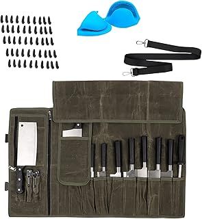 AONELAS Waxed Canvas Chef’s Knife Roll Bag,Army Green Knife Wrap,Portable Knife Roll, Waterproof Pocket Knife Carrier,Durable 16oz Knife Case with Adjustable Shoulder Strap