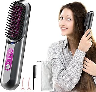 Cordless Hair Straightener Brush, 5000mAh USB Rechargeable Portable Negative Ion Hair Straightener Styling Comb for Women