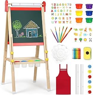 Kids Easel, 3 in 1 Kids Easel Stand for Painting with Magnetic Board Drawing Paper Chalkboard & White Board for Kids, Adjustable Kids Easel with Kids Art Supplies, Painting Set, Gift for Kids Red