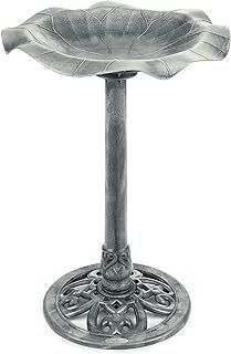 CHRISTOW Plastic Resin Bird Bath for Garden, Leaf Shaped Pedestal Birdbath, Traditional Style, Rustic Metal Effect, Standing Outdoor Water Bowl, 60cm x 43cm x 43cm (Grey)