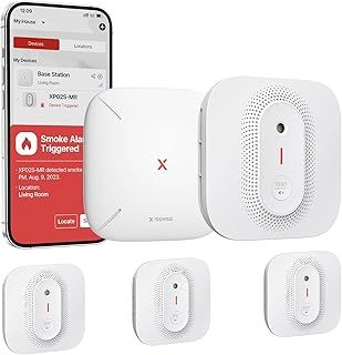 X-Sense Wi-Fi Smoke Alarms for Home with SBS50 Base Station, Wireless Interlinked Smart Smoke Alarm with English Voice Alarm and Location, Replaceable Battery, Transmission Range of 500 m, XP02S-MR31