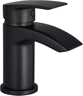 Black Basin Mixer Taps Waterfall Bathroom Sink Tap Mixers Round Cloakroom Faucet Small Brass Mono Monobloc with G1/2’’ Hoses Single Lever 1 Hole