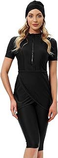 seafanny Women Muslim Swimwear Crop Short Burkini Modest Swimsuit with Front Zipper