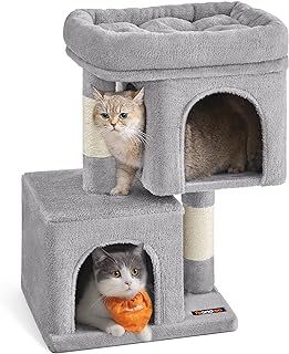 Feandrea Cat Tree, 67 cm Tower, S, Condo for Kittens up to 3 kg, Large Perch, 2 Cat Caves, Scratching Post, Light Grey PCT611W01