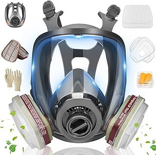 Full Face Respirator - Respirator Mask with Filters, Earplugs, and Gloves, for Welding, Chemicals, Carpentry, Sanding, Cutting, Paints, Dust, Gas,Grinding, Polishing