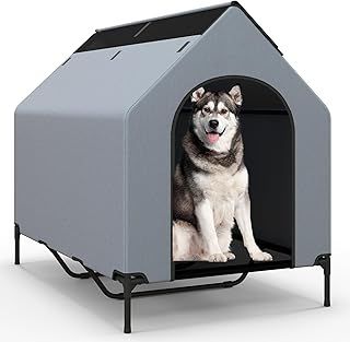 COSTWAY Elevated Dog House, Raised Dogs Bed with Weatherproof Canopy, 2 Top Windows, Breathable Mesh Fabric Mat, Dog Tent Shelter for Indoor Outdoor (Grey, X-Large)