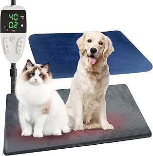 Pet Heating Pad 70x45cm Auto Shut Off, 30℃～60℃ Adjustable Temperature & 13-Level Timer Dog Heat Pad, Heated Cat Bed with Chew Resistant Steel Cord, Washable 2 Crystal Velvet Covers Warming Mat