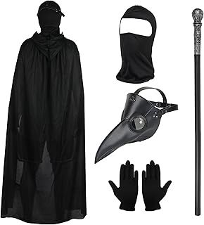 Lifreer Plague Doctor Costume Set, Plague Doctor Mask Long Nose Bird Beak Steampunk Masks with Black Gloves, Hooded Cloak, Full Face Mask, Cane for Halloween Cosplay