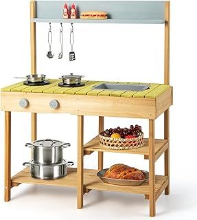 COSTWAY Mud Kitchen, Wooden Kids Play Kitchen with Removable Sink, Stove Top, Storage Shelves, Pretend Kitchen Playset for Boys and Girls 3+ (Green)