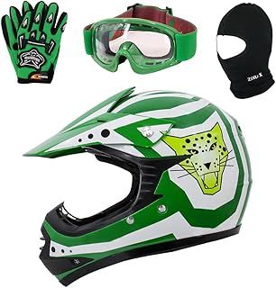 Zorax Green M (51-52cm) ZOR-X17 Children Kids Motorbike Helmet ECE 2206 & Gloves M(6cm) & Goggles & Balaclava - Dirt Bike Off Road Motocross Helmet