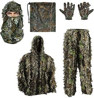 PELLOR 5PCS Ghillie Suit, 3D Leaf Camouflage Uniform Gilly Suit, Mask, Gloves, Storage Bag Set, Suitable for Outdoor Hunting, Wildlife Photography, CS Game