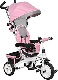 HOMCOM 6 in 1 Trike, Kids Tricycle, Pedal Push Bike w/Push Handle, Removable Canopy, 5-point Safety Belt, Storage, Footrest, Brake, for 1-5 Years Toddler, Pink
