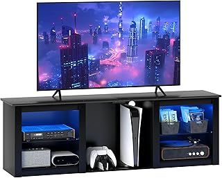 HOMCOM TV Unit with LED Lights for TV up to 65 Inch, 160cm TV Stand Cabinet with Adjustable Glass Shelves, Open Compartments for Gaming Consoles, TV Cabinet for Living Room, Bedroom, Black