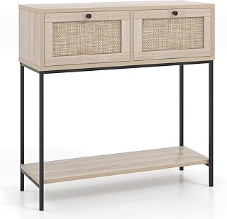 COSTWAY Console Table with 2 Rattan Drawers and Open Storage Shelf, Metal Frame Slim Behind Couch Accent Entryway Sofa Table for Hallway, Foyer and Living Room, 80x30x80cm