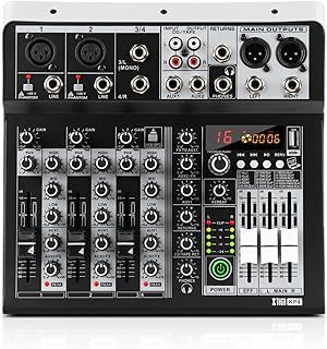 4 Channel Audio Mixer Professional Audio Mixer for Computer Recording, USB Studio Mixer with 48V Phantom Power DJ Mixer Bluetooth, KP4