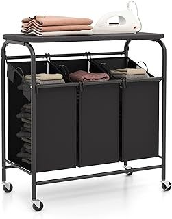 COSTWAY Laundry Basket with Foldable Ironing Board, 3-Compartment Laundry Hamper with Removable Bags and Wheels, Metal Frame Rolling Laundry Sorter Dirty Clothes Bin Washing Basket, Black+Grey