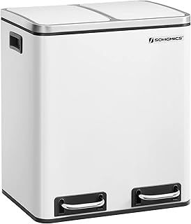 SONGMICS Kitchen Bin, 2 x 15 L Double Bin for Recycling and Waste, Pedal Bin, 15 Liners Included, Inner Buckets, Soft Close for Small Families, Steel, Cloud White LTB30WT