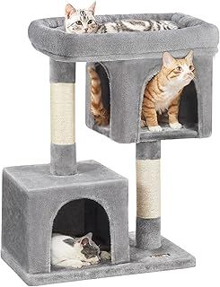 Feandrea Cat Tree, 84 cm Tower, L, Perch Condo for Large Cats up to 7 kg, 2 Caves, Scratching Post, Light Grey PCT61W