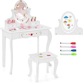 COSTWAY Kids Vanity Table and Stool, 2 in 1 Girls Makeup Dressing Table with 360° Rotating Mirror & Whiteboard, 3 Drawers, Cute Children Study Desk and Chair Set for Aged 3+