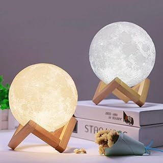 3D Full Moon Lamp, 15cm/5.9 Inch LED Lunar Moon Night Light Modern Lamp [Touch Control][USB Charging][Free Wooden Stand] Dimmable Brightness Home Decor Gift for Kid,Children,Friends