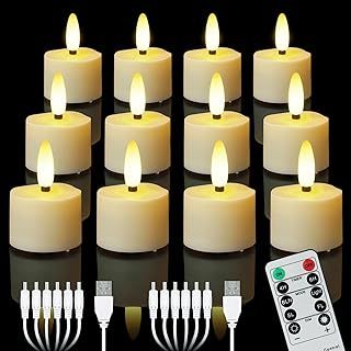 12pcs USB Rechargeable Tea Light Led Candles Flickering Flameless Tea Lights with Remote Control and 4/6H Timer, Warm White Flickering Dimmable, Thanksgiving Halloween Home Décor