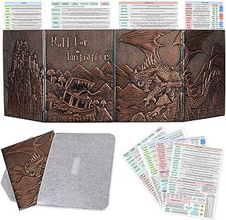 DND Dungeon Master Screen Faux Leather Embossed Dragon & Mimic, Four-Panel with Pockets DM Screen for Dungeons and Dragon, Pathfinder, D&D