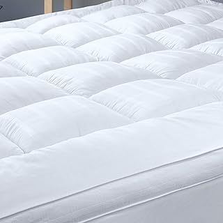 Extra Thick Mattress Topper Single Bed 100% Cotton Cover, Soft Mattress Bed Topper Pad with Elastic Anchor Corner Straps, Baffle Box Stitched for Evenly Filling, Machine Washable