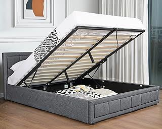 Ottoman Bed Frame Gas Lift Up Bed Upholstered King Size Bed Frame, Wooden Slats Space Saving Bed Frame UKFR Linen Fabric Bed Frame With Storage, 5ft Dark Grey King Size No Mattress
