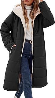Tuopuda Winter Long Coats for Women Fleece Puffer Coat Warm Full Zip Hooded Long Jackets Plus Size Quilted Outerwear Outdoor Hiking Overcoat