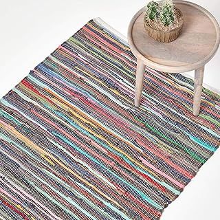 HOMESCAPES - 100% Recycled Cotton Chindi Rug - 150 x 240 cm - 5 ft x 7 ft - Multi Coloured Stripes on White Base