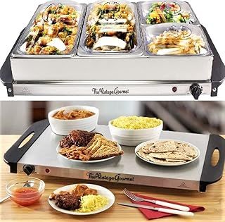 Vintage Gourmet® 4 Tray Food Warmer, All in One Buffet Server with Warming Plate Function, Turkey & Vegetables, Keeps Food Warm, Variable Temperature Control, Cool-Touch Handles Easy Portability 300W
