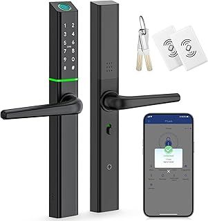 Ruveno Weatherproof Smart Door Lock with Handle: Fingerprint Keyless Entry - Digital Code Door Lock for Aluminum Wooden Door - Bluetooth Electronic Deadbolt Door Lock - APP Control - Slimline Design
