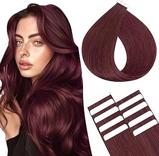 SEGOHAIR 10Pcs Human Hair Tape in Extensions, 16" Thin Tape Hair Extensions, Human Hair Extensions with 5 pcs Replacement Tape Wine Red(15g)