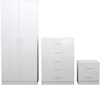 Reflect 3 Piece Bedroom Furniture Set - Double PLAIN Wardrobe + Tallboy Chest of 5 Drawers + 2 Drawer Bedside (White Gloss/Matt White)