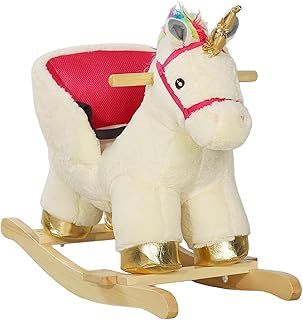 Rocking Horse, Unicorn Rocking Horse with Realistic Sounds, Safety Belt, Wooden Base, Plush Ride on Unicorn, for Ages 18-36 Months, Cream White