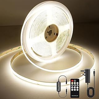 COB LED Strip Lights 5m, 4000K Natural White Dimmable LED Strip, 1600 LEDs Super Bright DC24V LED Light Strip CRI90+ with RF Remote and UKCA Power Supply for DIY Home Decoration