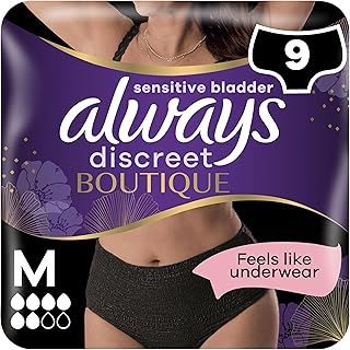 Always Discreet Boutique Underwear Incontinence Pants Plus M Black X 9, for Sensitive Bladder, Locks Away Odours, Wetness and Prevent Leaks