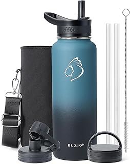 Stainless Steel Insulated Water Bottle 1180ml, BUZIO Insulated Water Bottle with Straw Canteen Metal Thermo Mug Hydro Cup Jug Double Vacuum Hot Cold Water Bottles with Carrying Pouch, Indigo Crush
