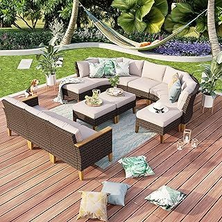 MFSTUDIO Garden Sofa Rattan Furniture Set, Updated Ribs, 20% Thicker than Others. CUSHION PRO FABRIC, Waterproof, Easy Clean, Anti Fouling. Outdoor Lounge Corner Sofa Set with Table Stool