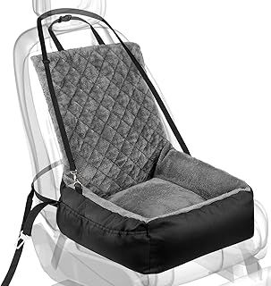 Dog Car Booster Seat for Small Dogs, Black Plush & Cosy Pet Travel Bed with Storage Pocket, Washable & Scratch Proof Pet Car Seat Bed for Back and Front Seat, Comes with a Safety Leash, Black